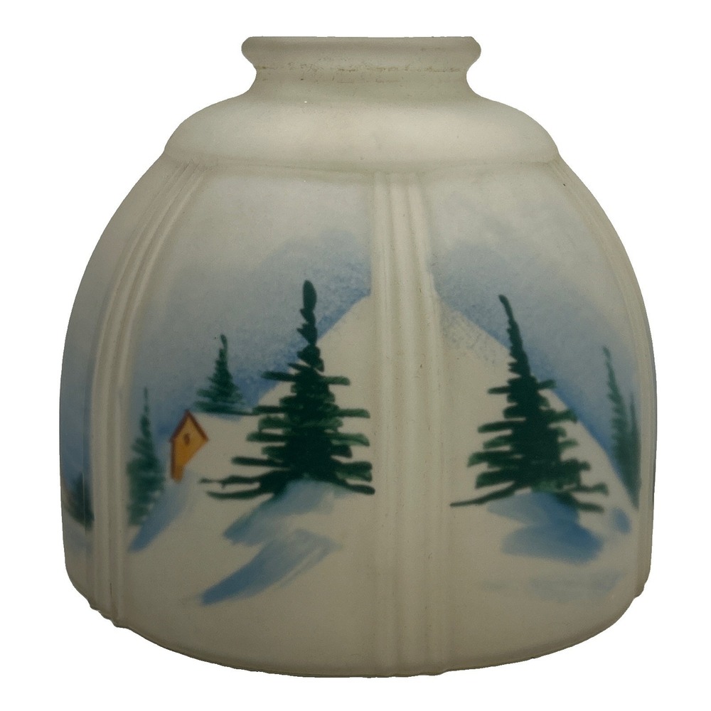 Vintage Hand Painted Frosted Glass Lamp Shade Winter Forest Scenic
